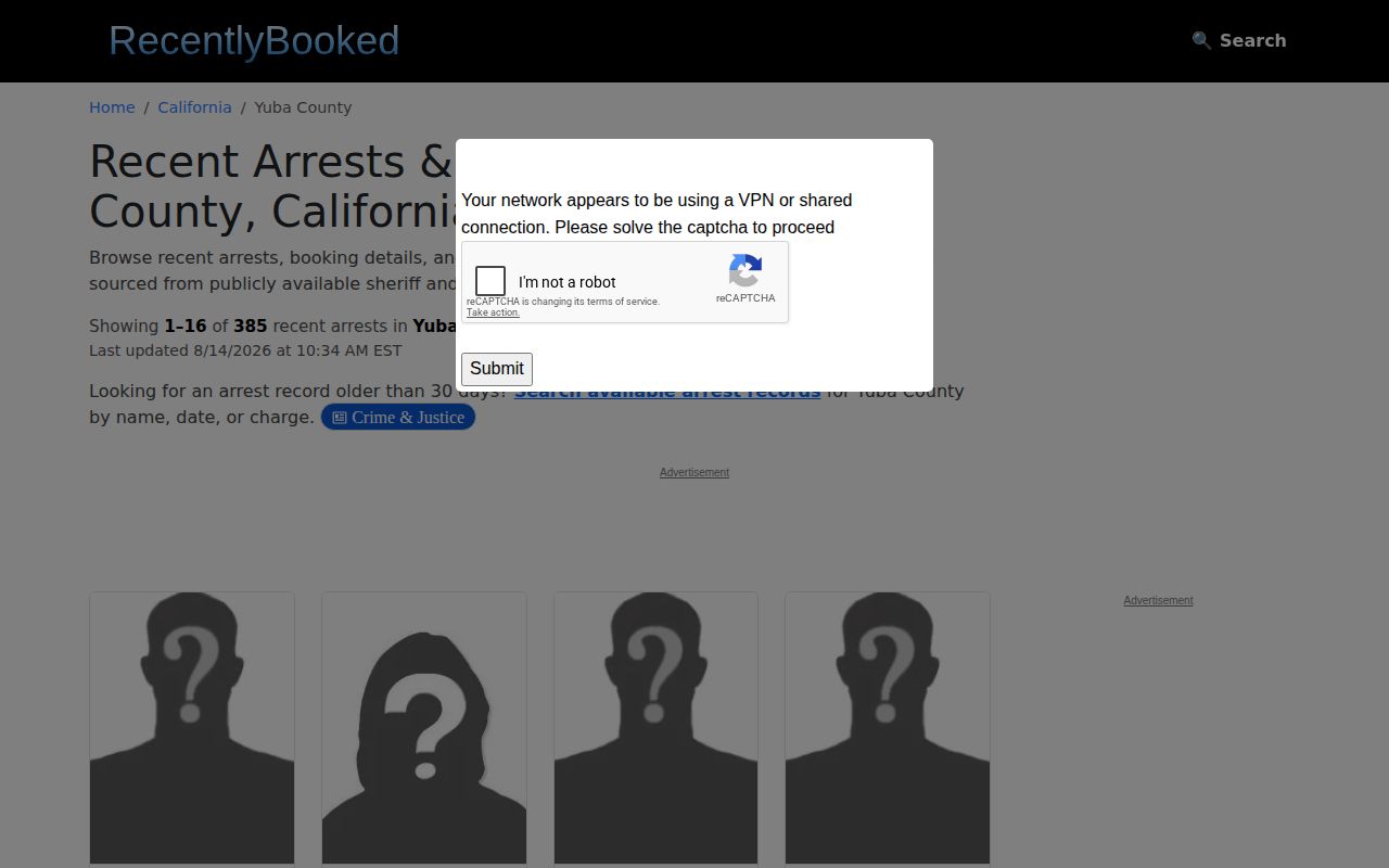 Unofficial Yuba County recent booking index without mugshots