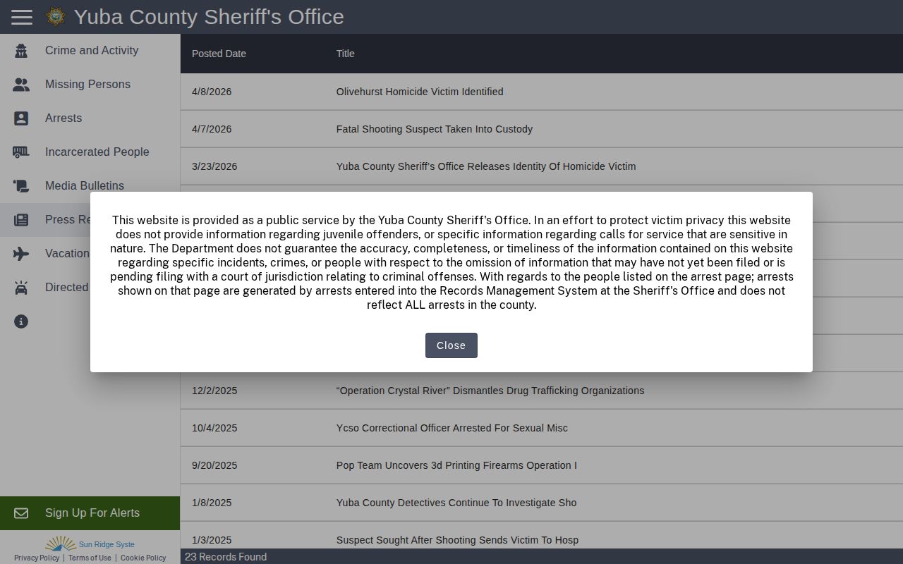 Yuba County official crime news and arrest press releases interface