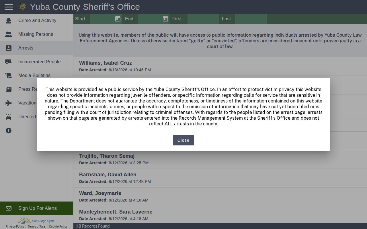 Yuba County recent arrest feed search without booking photos