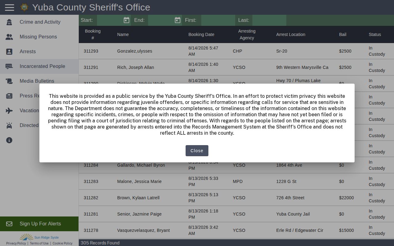 Yuba County Jail current booking roster search